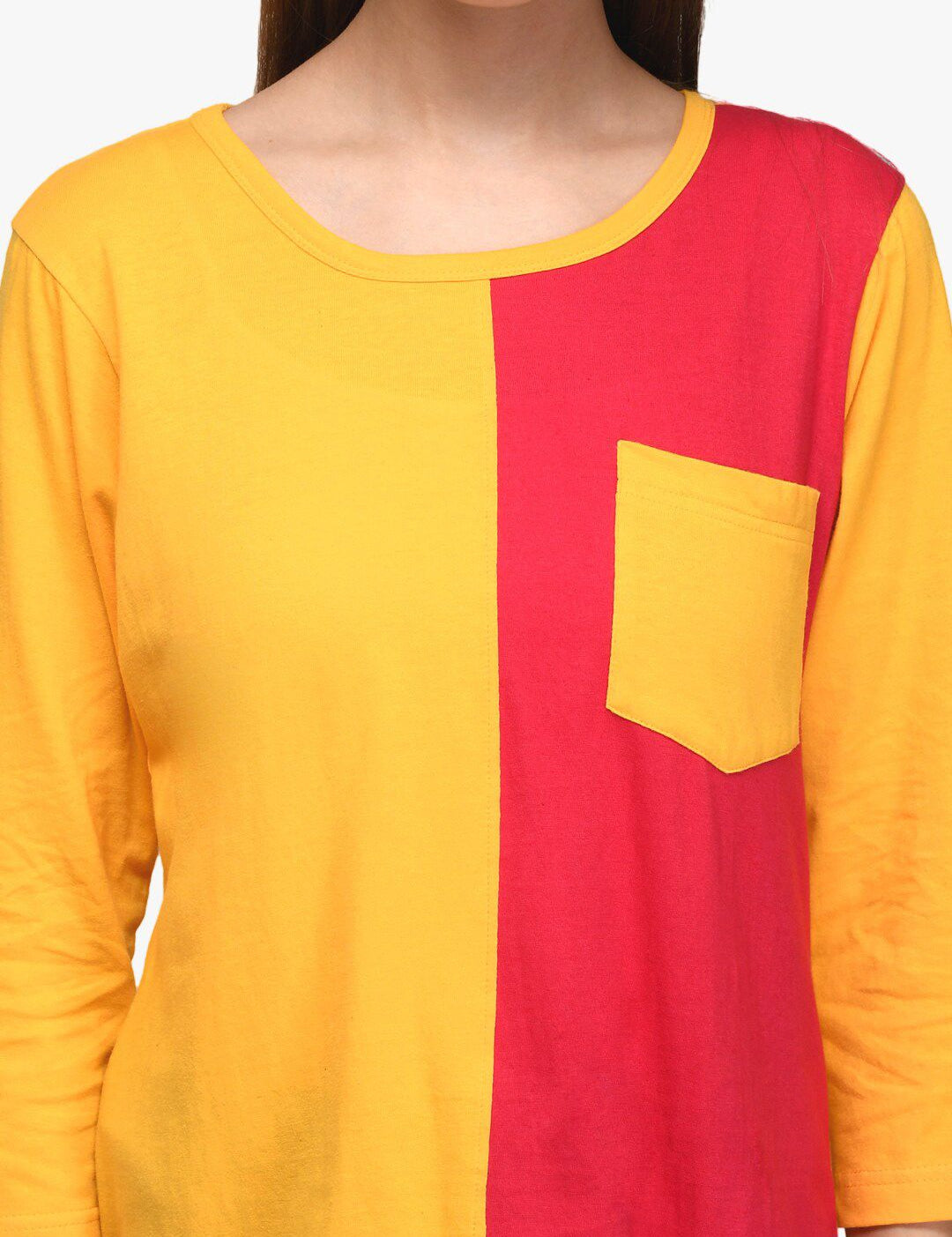 Kotty Women Red & Yellow Colourblocked Round Neck T-shirt