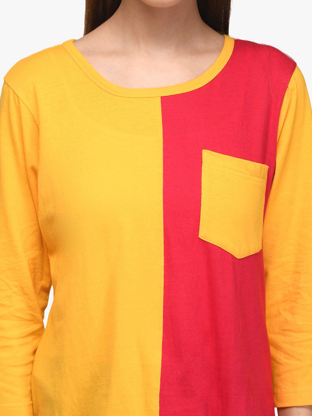 Kotty Women Red & Yellow Colourblocked Round Neck T-shirt