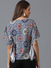 Kotty Blue Floral Printed V-Neck Flared Sleeves Top