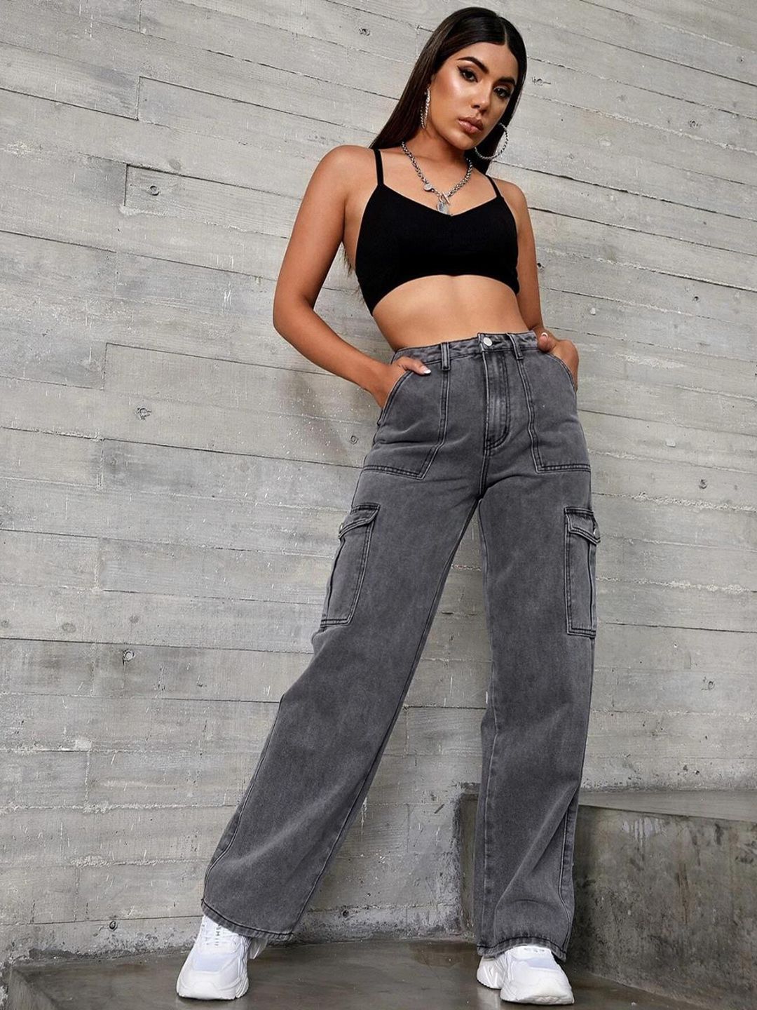 Kotty Women Grey Jean Straight Fit High Rise Light Fade Clean Look Stretchable Jeans