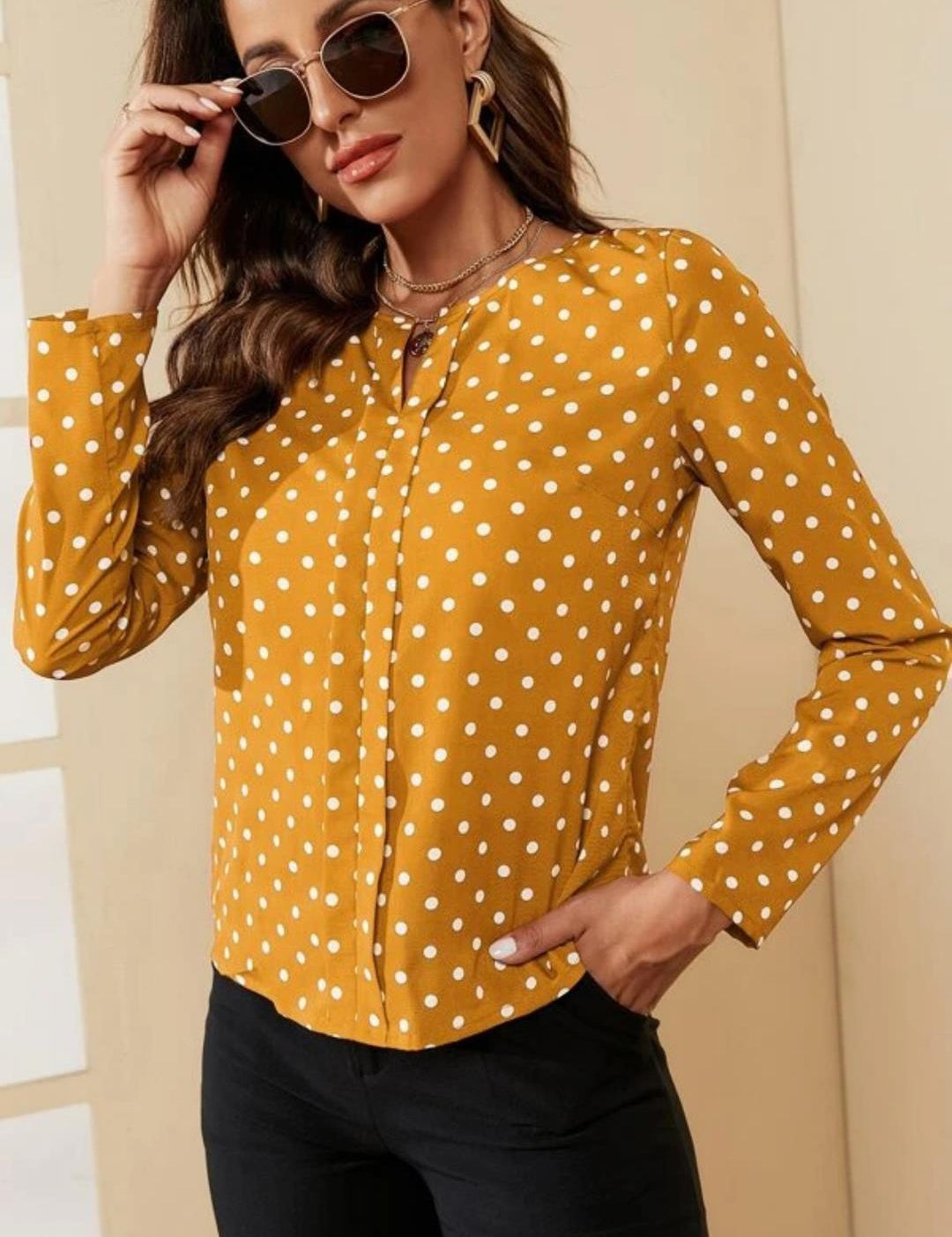 Kotty Yellow Polka Dot Printed Shirt Style Top
