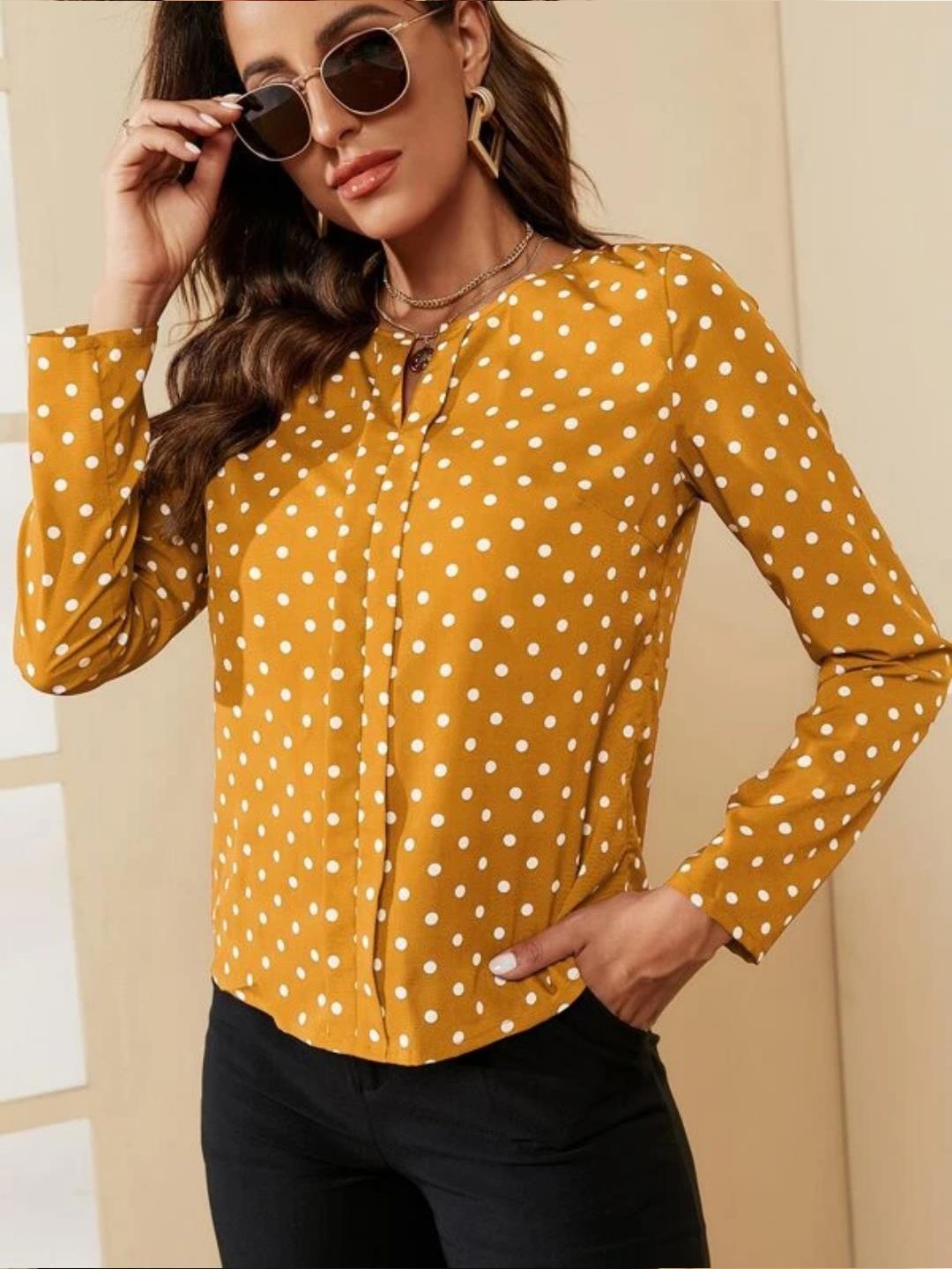 Kotty Yellow Polka Dot Printed Shirt Style Top