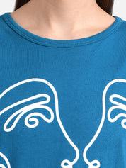 Kotty Women Blue & White Printed Round Neck T-shirt