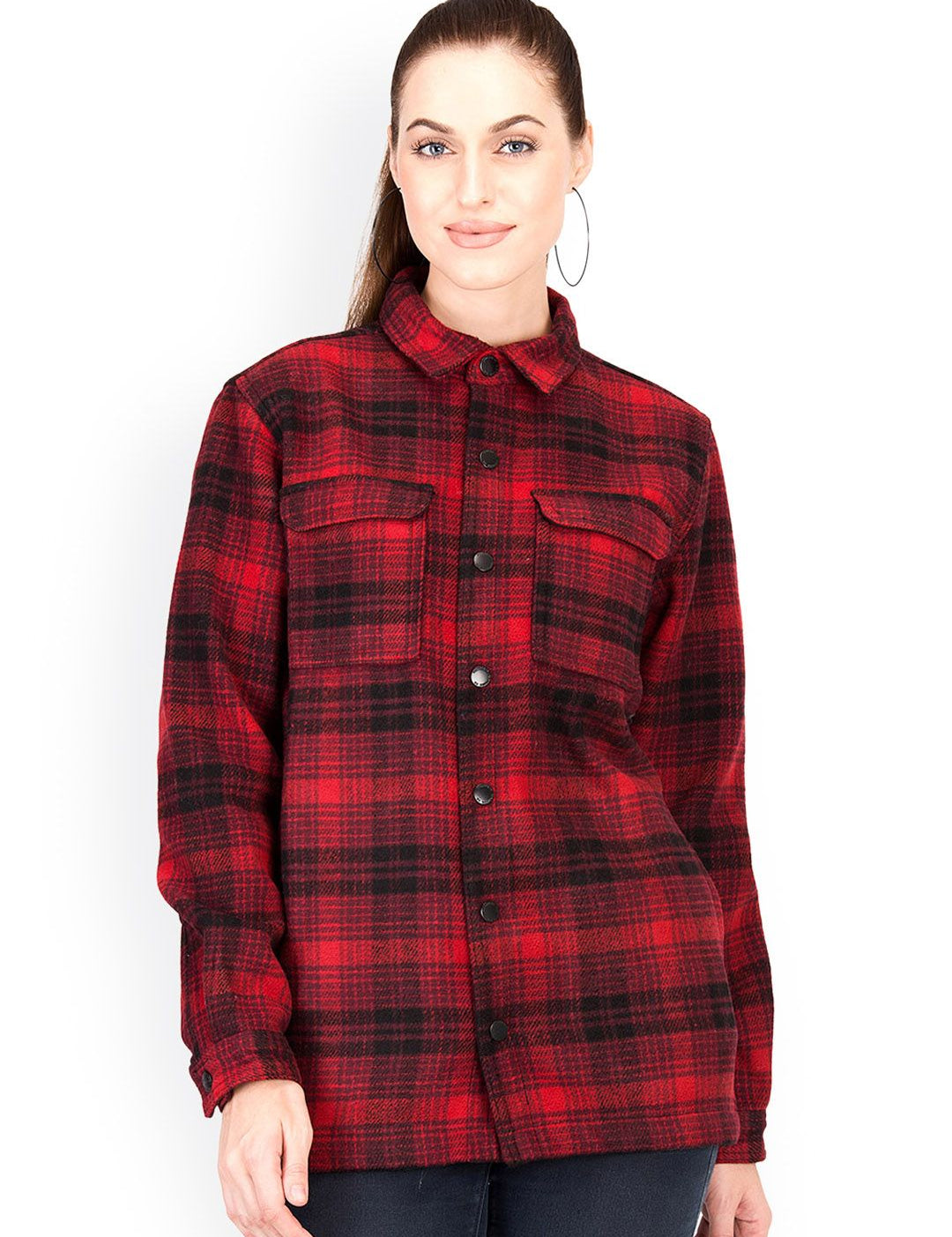 Kotty Women Red & Black Checked Overcoat