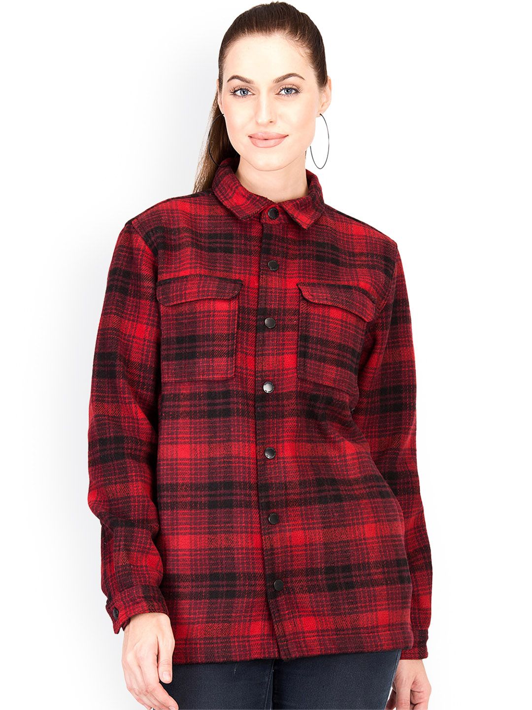 Kotty Women Red & Black Checked Overcoat