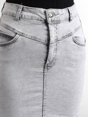 Kotty Women Grey Solid Denim Pencil Mini Skirt