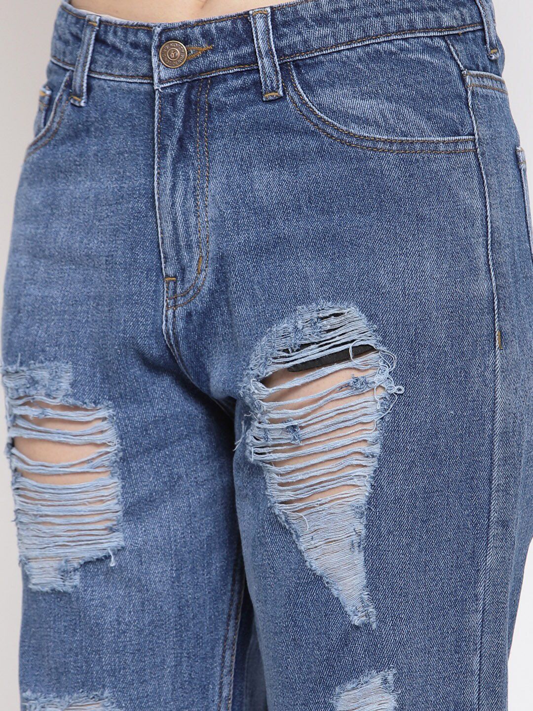 Kotty Women Blue Boyfriend Fit High-Rise Highly Distressed Light Fade Jeans