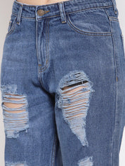 Kotty Women Blue Boyfriend Fit High-Rise Highly Distressed Light Fade Jeans