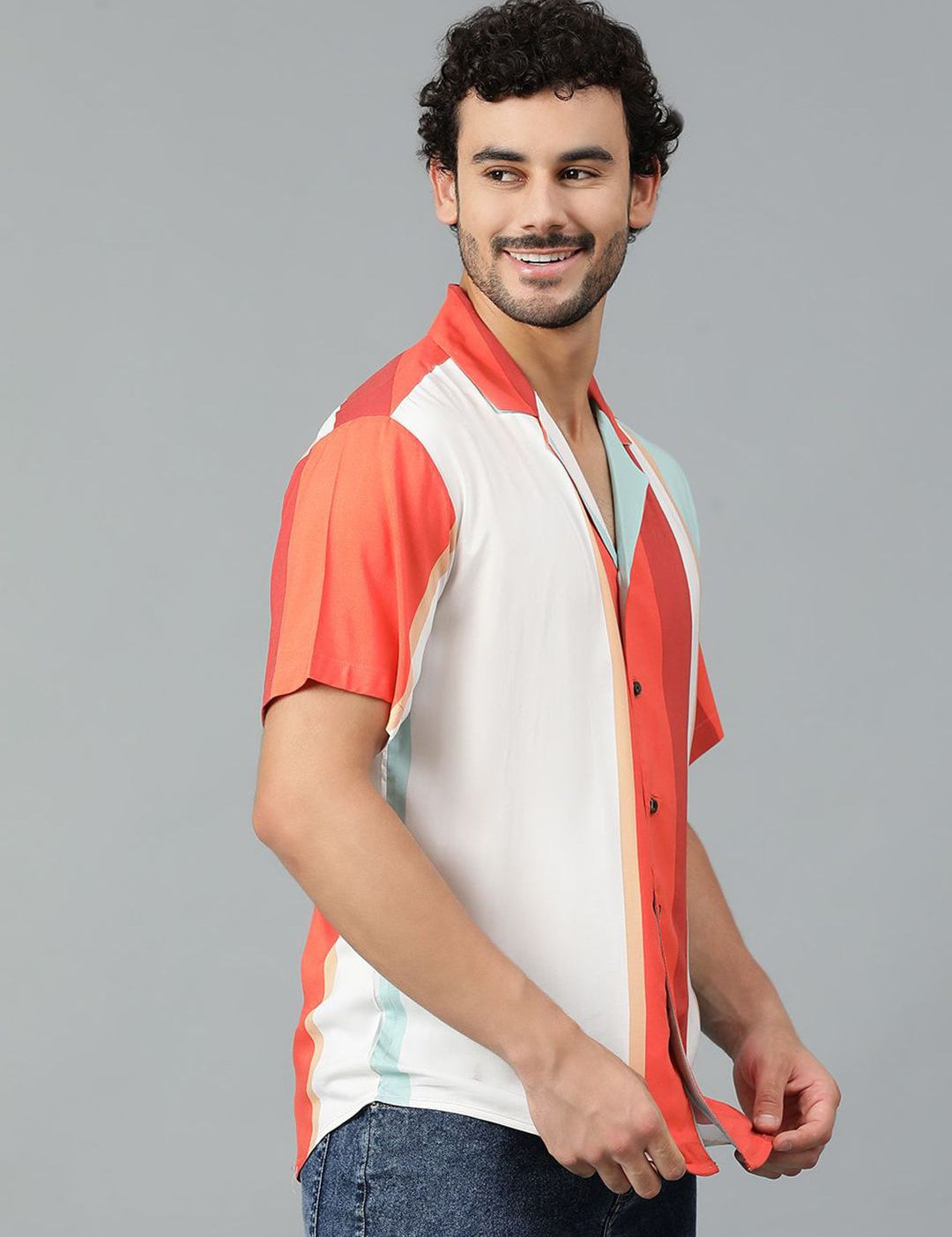 Kotty Men Cuban Collar Striped Casual Shirt