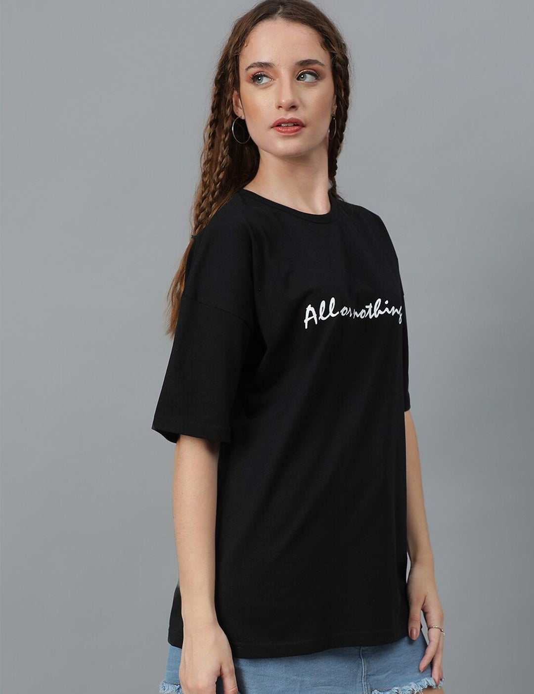 Kotty Typography Printed Round Neck  Drop-Shoulder Sleeves Pure Cotton Oversized T-shirt