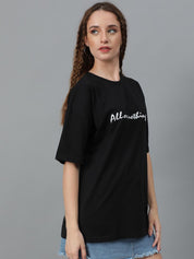 Kotty Typography Printed Round Neck  Drop-Shoulder Sleeves Pure Cotton Oversized T-shirt