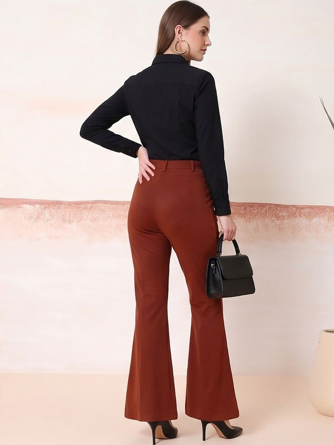 Brown Straight Fit High-Rise Trousers for Women – Chic Solid Design | Kotty