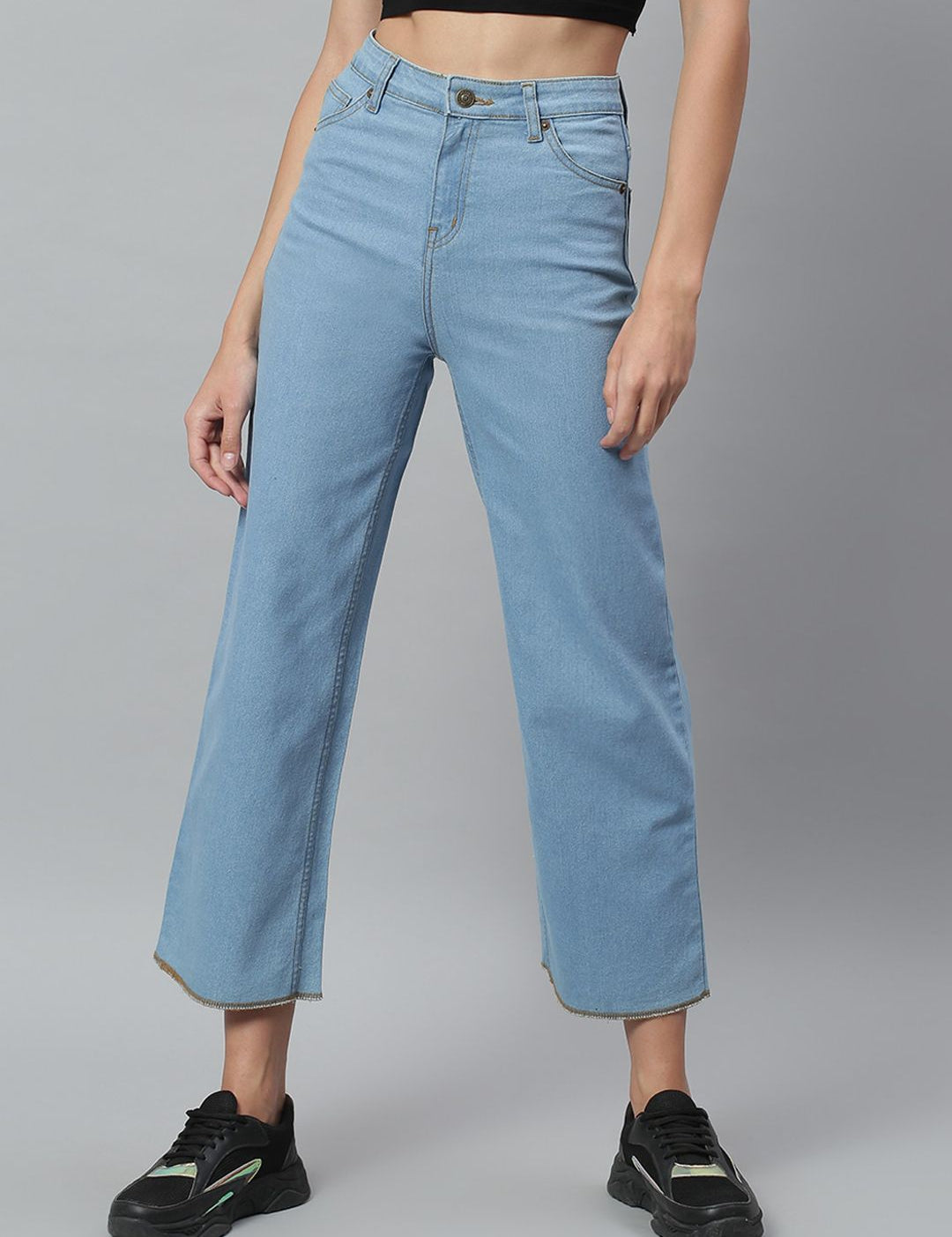 Kotty Women Blue Solid Cotton High-Rise Crop Flared Jeans