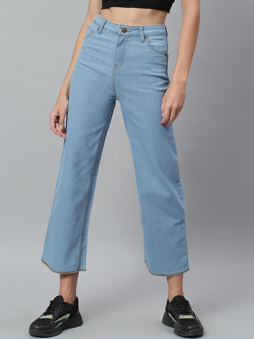 Kotty Women Blue Solid Cotton High-Rise Crop Flared Jeans