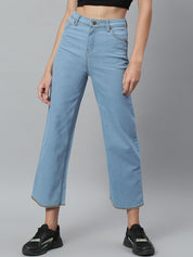 Kotty Women Blue Solid Cotton High-Rise Crop Flared Jeans