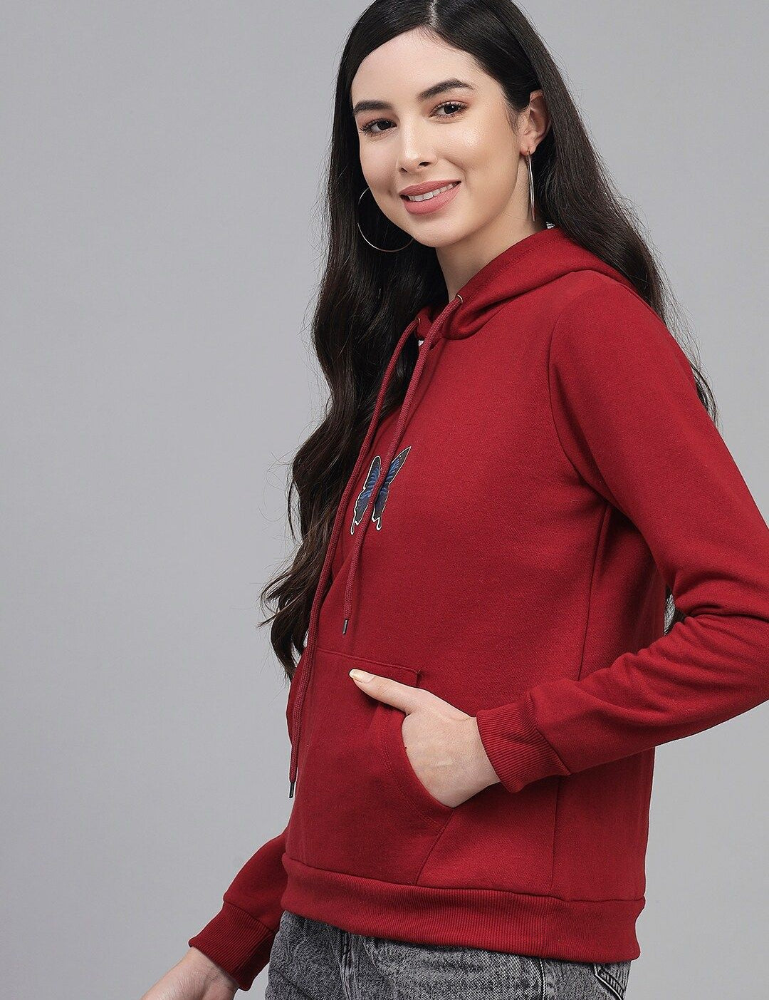 Kotty Women Maroon Printed Hooded Fleece Sweatshirt