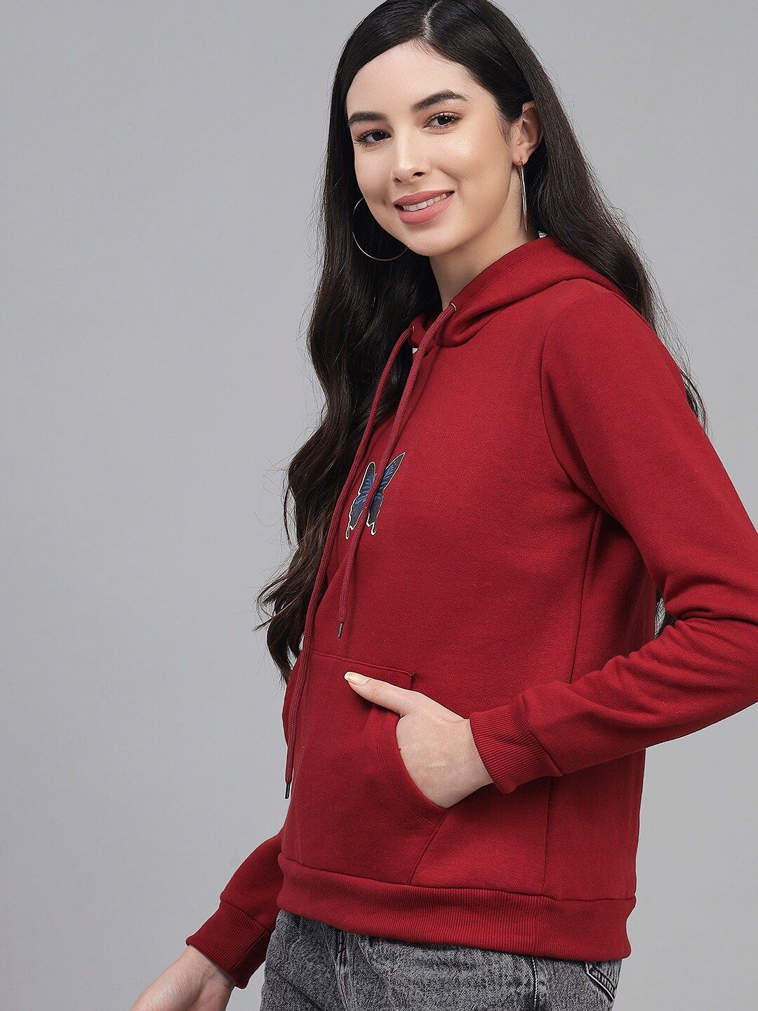 Kotty Women Maroon Printed Hooded Fleece Sweatshirt