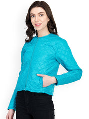Kotty Women Blue Self Design Quilted Jacket