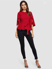 Kotty Red Waist Tie-Up Flared Sleeves Top