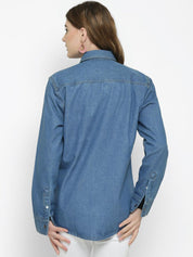 Kotty Women Blue Regular Fit Solid Denim Casual Shirt