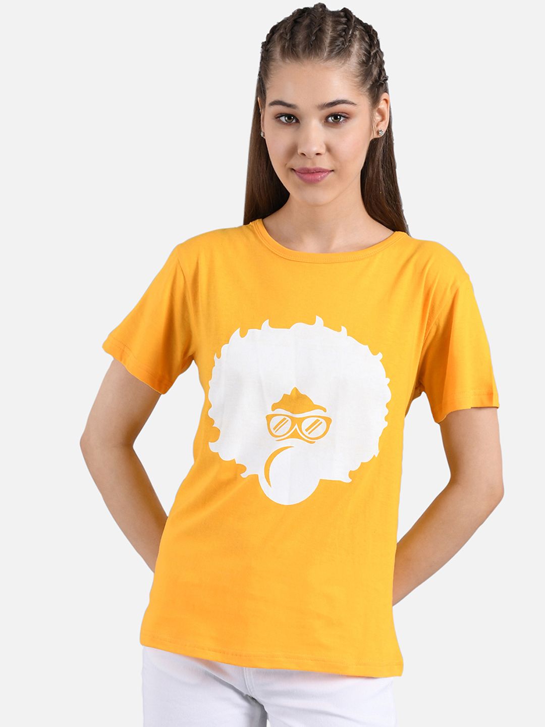 Kotty Women Yellow Printed Round Neck T-shirt
