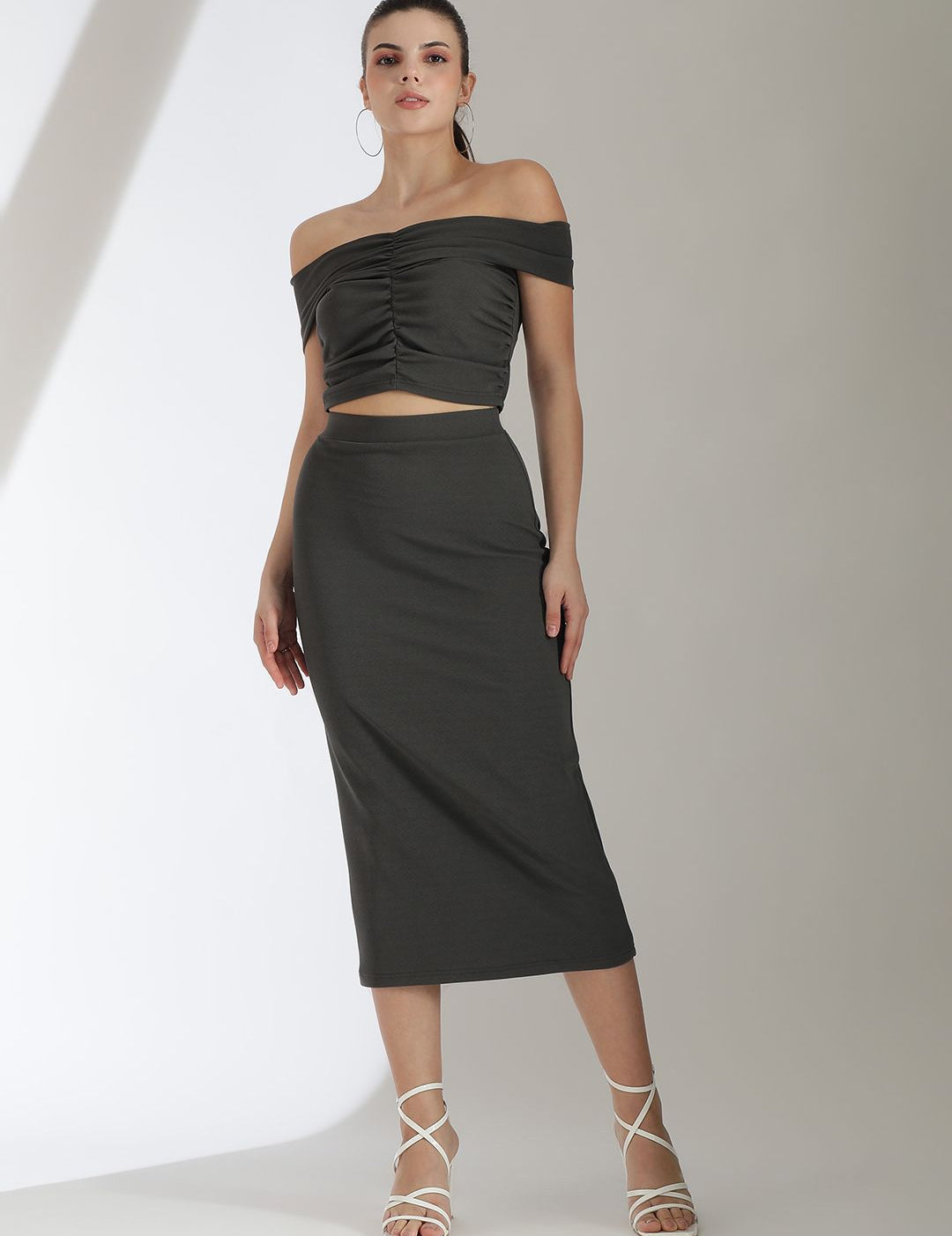 Kotty Grey Off Shoulder Top With Skirt
