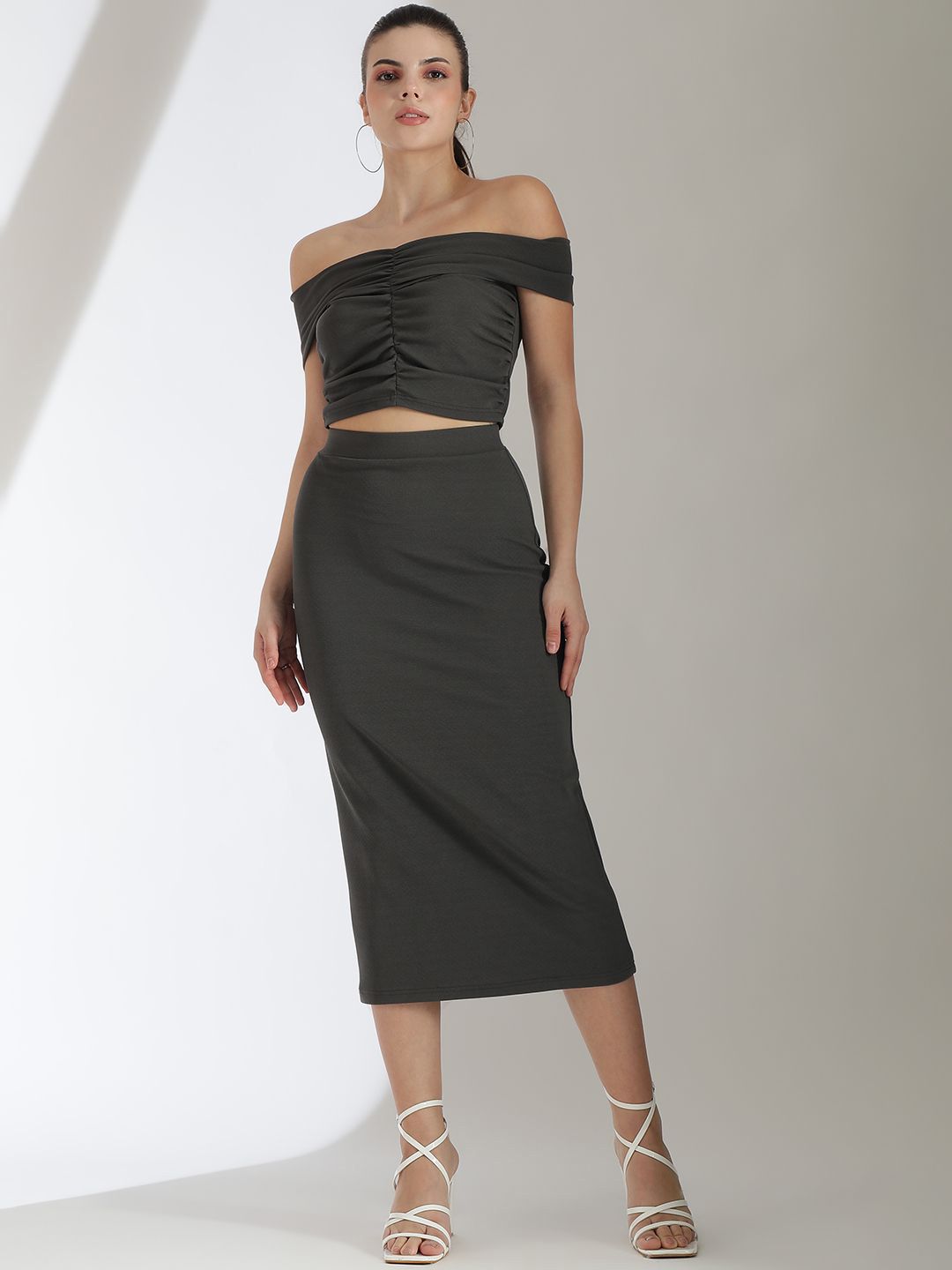 Kotty Grey Off Shoulder Top With Skirt