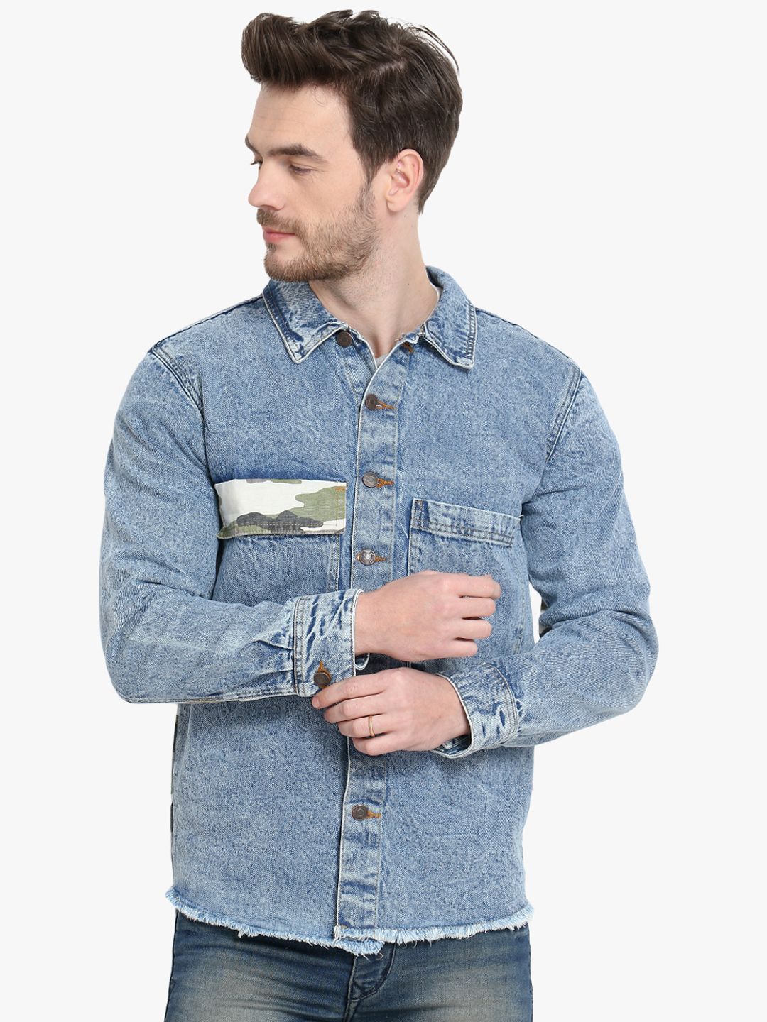 Kotty Men Blue Camouflage Denim Jacket