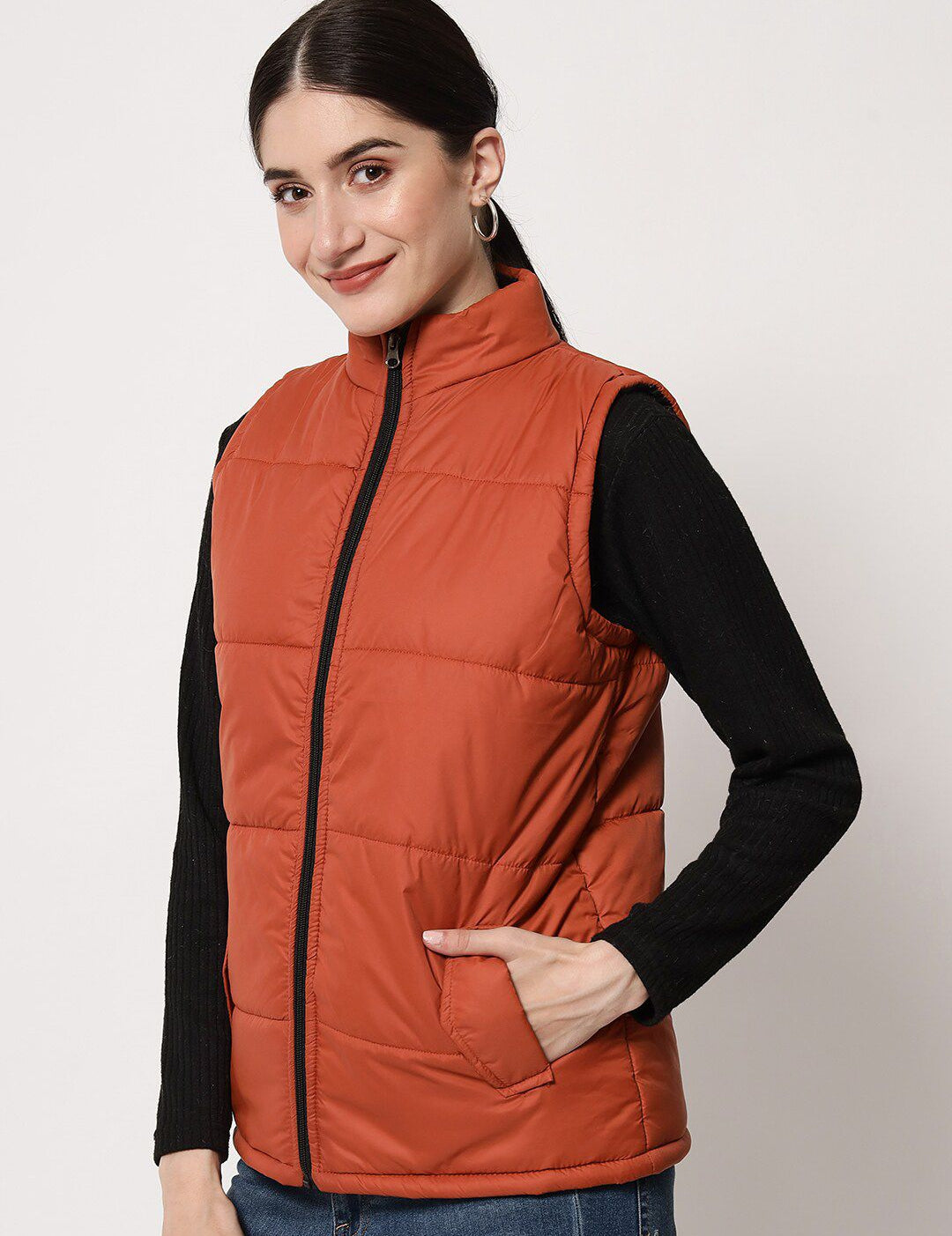 Kotty Women Brown Solid Sleeveless  Padded Jacket