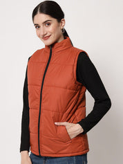 Kotty Women Brown Solid Sleeveless  Padded Jacket