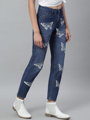 Kotty Women Navy Blue Regular Fit Mid-Rise Clean Look Printed Stretchable Jeans