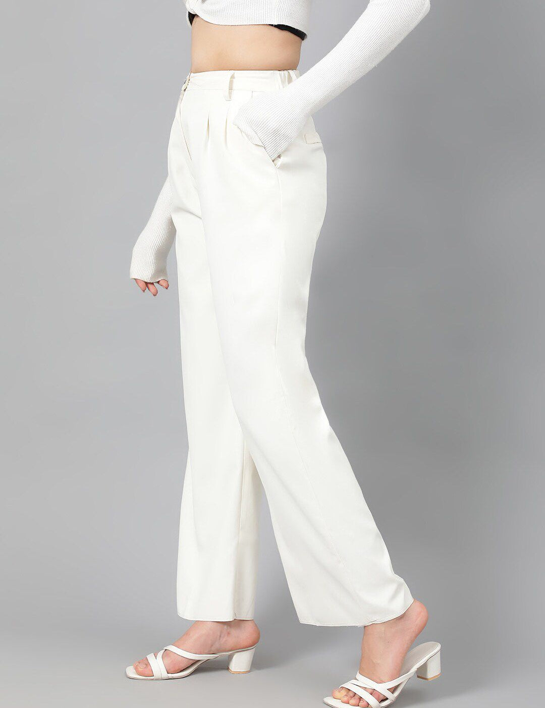Kotty Women White Relaxed Straight Leg Fit High-Rise Easy Wash Parallel Trousers