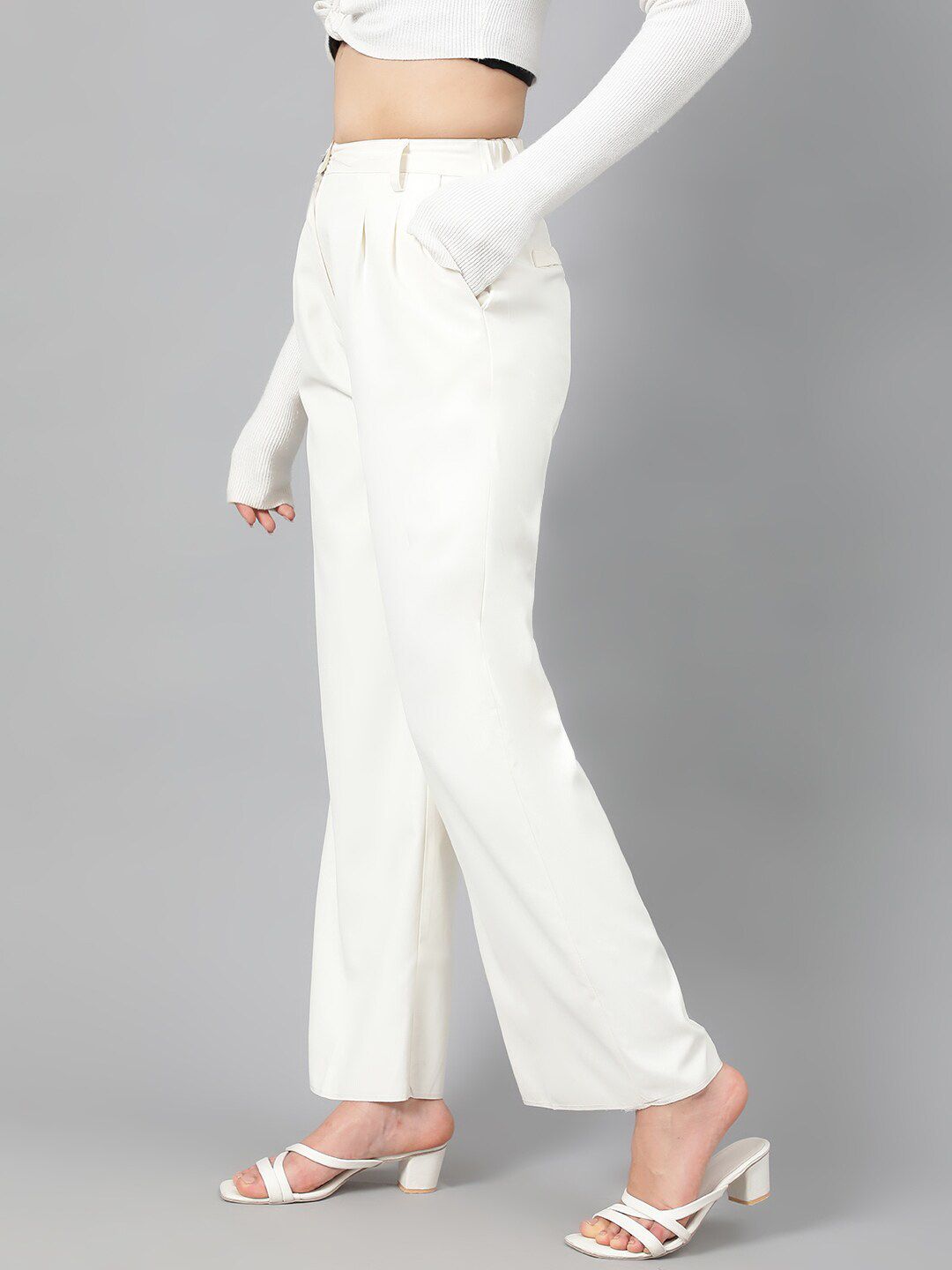 Kotty Women White Relaxed Straight Leg Fit High-Rise Easy Wash Parallel Trousers