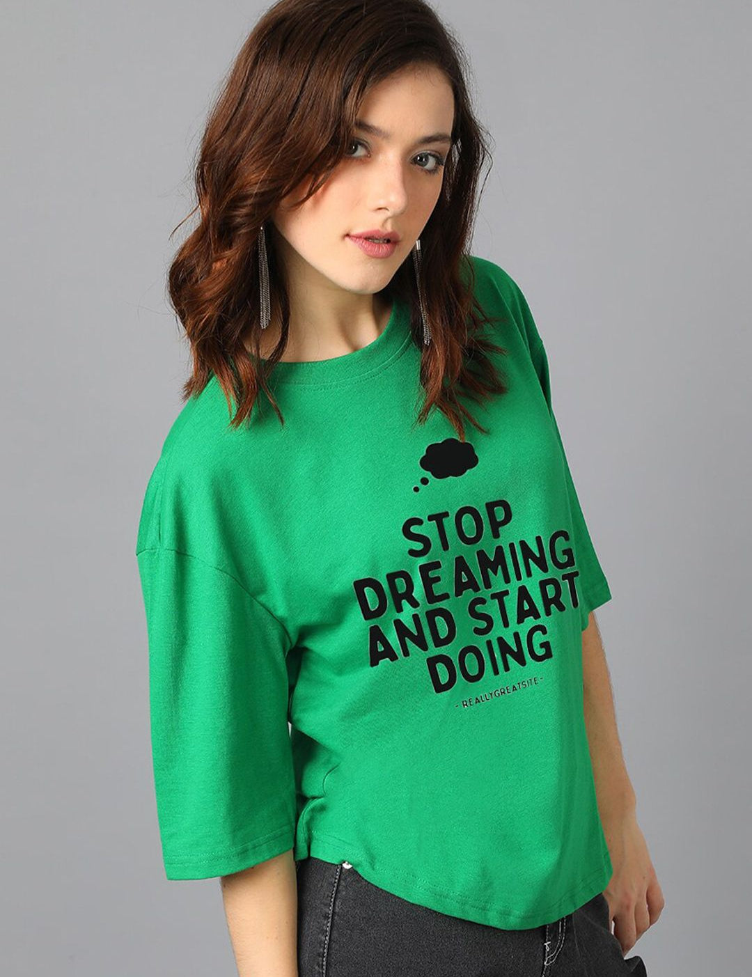 Kotty Green Typography Printed Oversized T-shirt