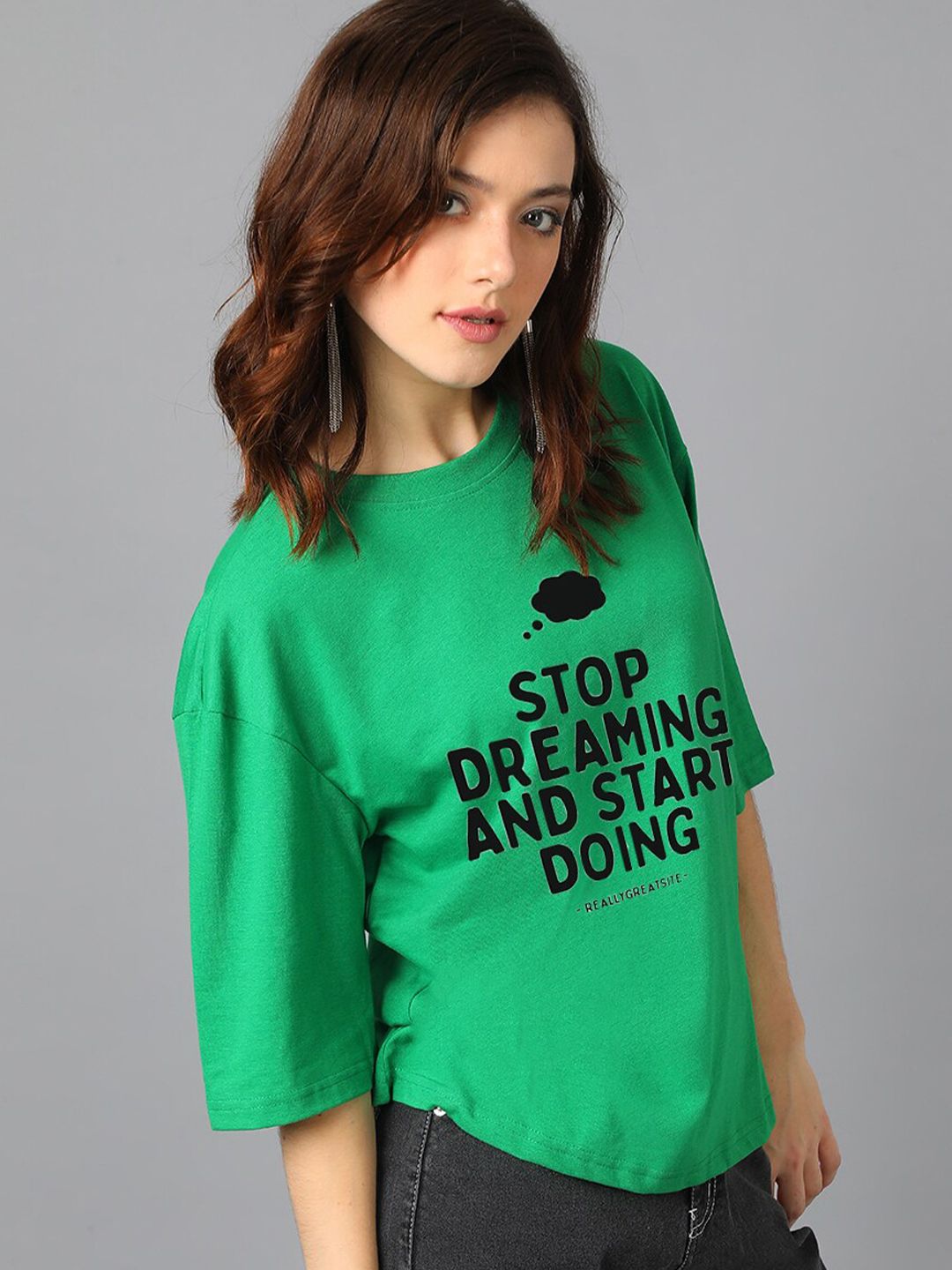 Kotty Green Typography Printed Oversized T-shirt