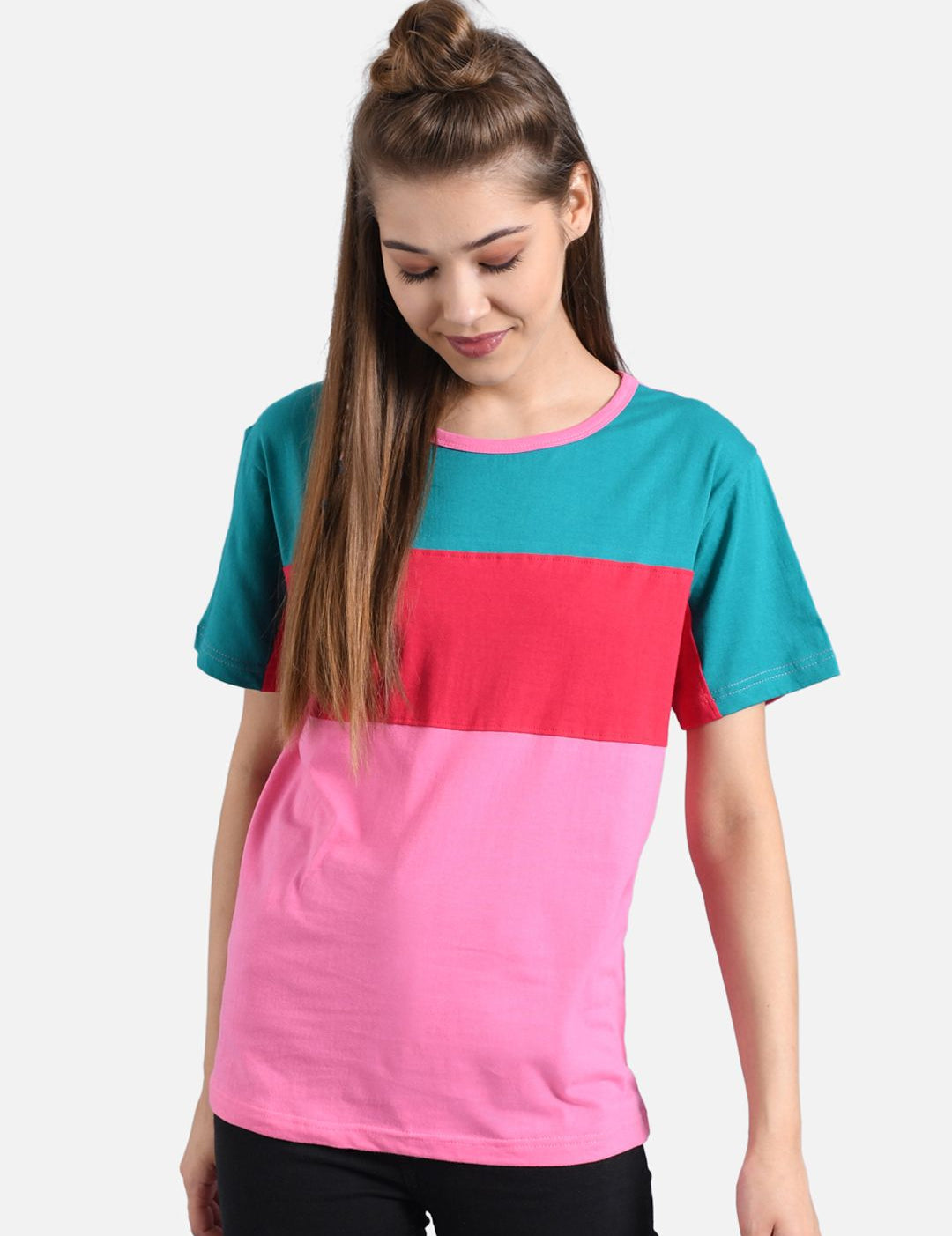 Kotty Women Pink & Green Colourblocked Round Neck T-shirt