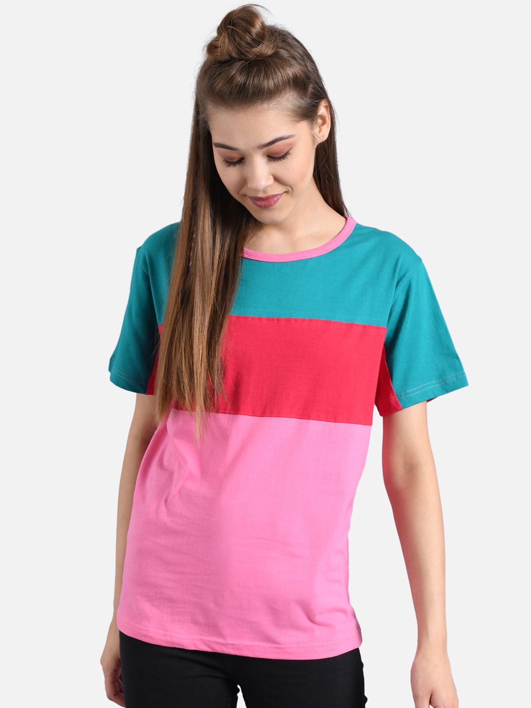 Kotty Women Pink & Green Colourblocked Round Neck T-shirt