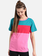 Kotty Women Pink & Green Colourblocked Round Neck T-shirt
