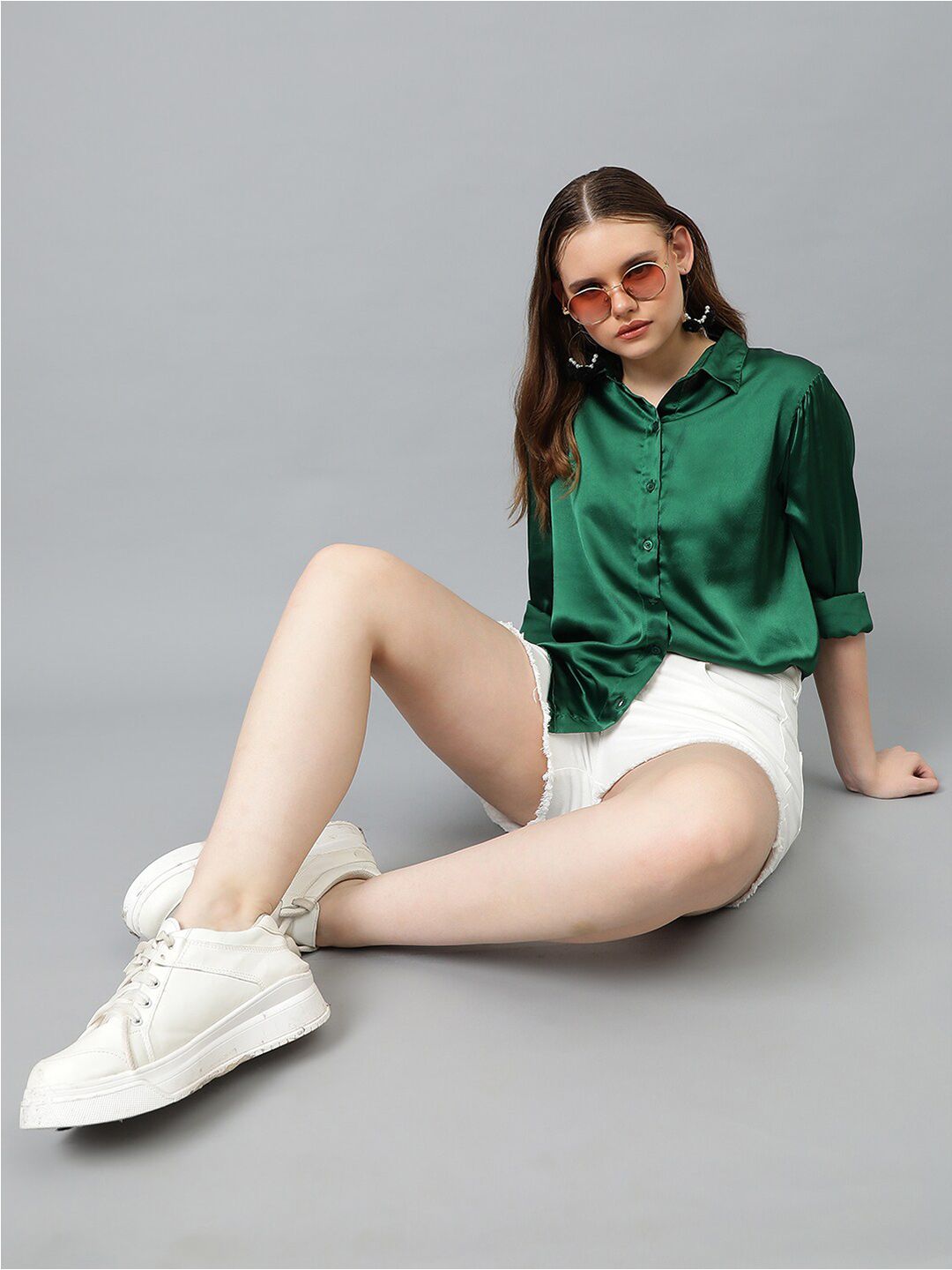 KOTTY BIZwear Green Relaxed Spread Collar Satin Casual Shirt