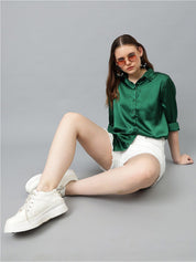 KOTTY BIZwear Green Relaxed Spread Collar Satin Casual Shirt