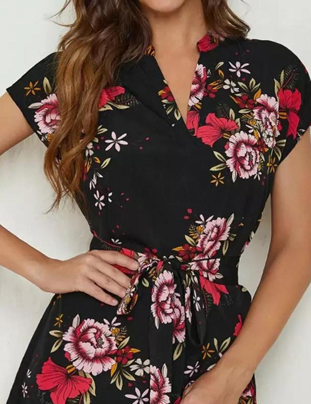 Kotty Black & Red Floral Printed Mandarin Collar Extended Sleeves A-Line Mini Dress