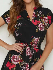 Kotty Black & Red Floral Printed Mandarin Collar Extended Sleeves A-Line Mini Dress