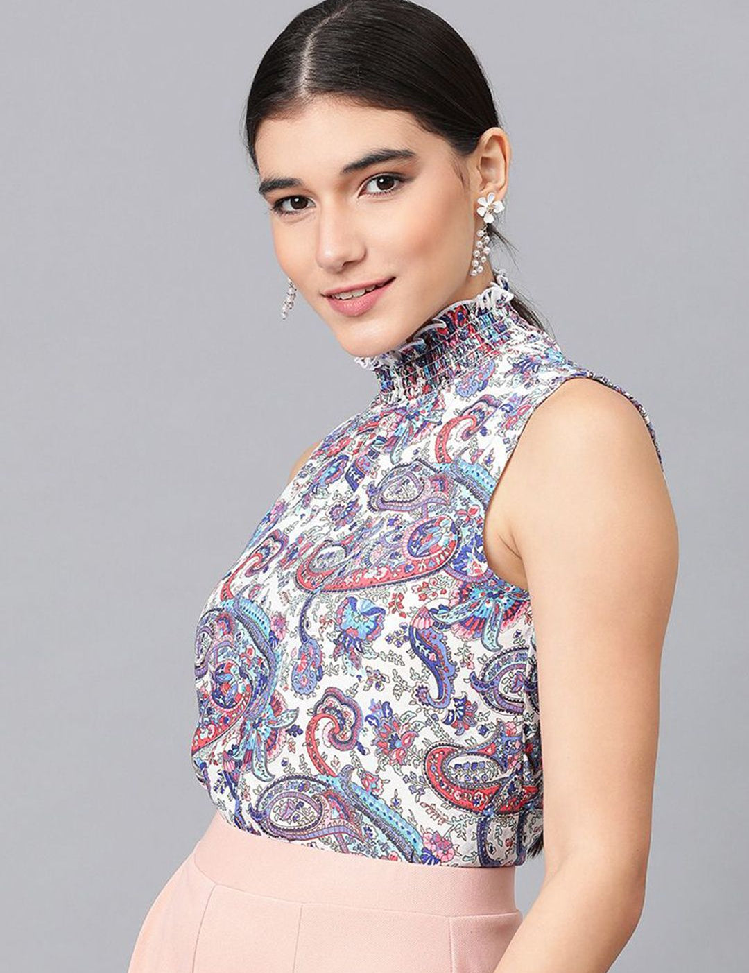 Kotty Floral Printed High Neck Sleeveless Crepe Top