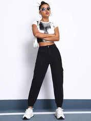 Kotty Women Black Jean Straight Fit Stretchable Cargo Jeans