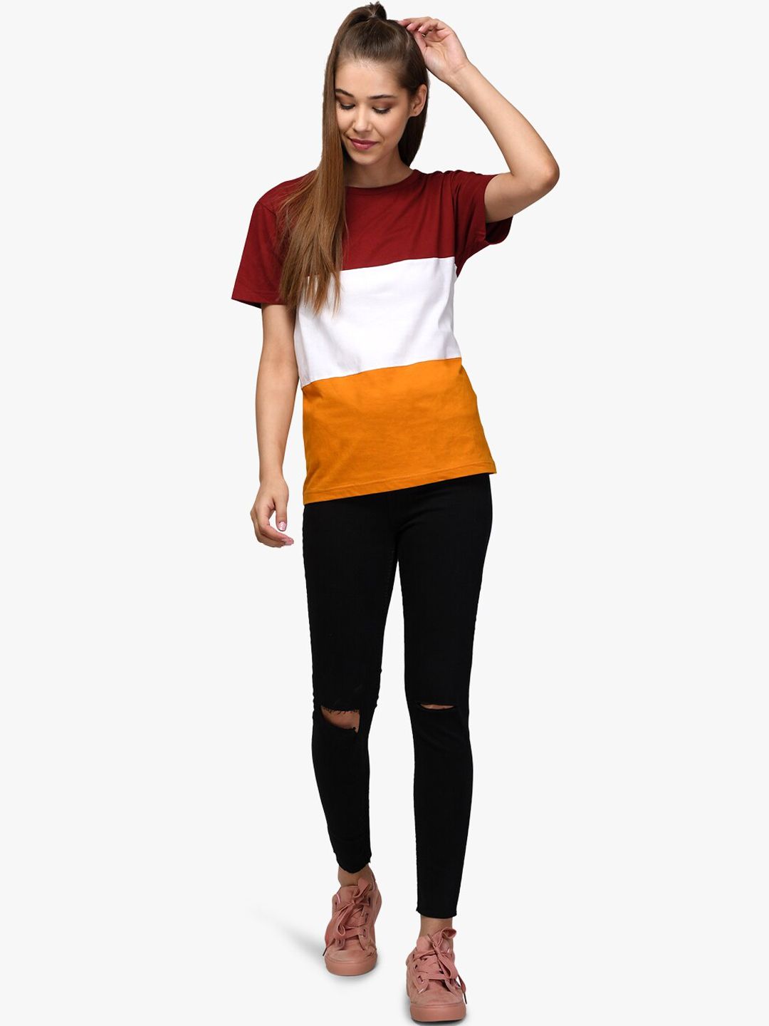Kotty Women Red & White Colourblocked Round Neck T-shirt