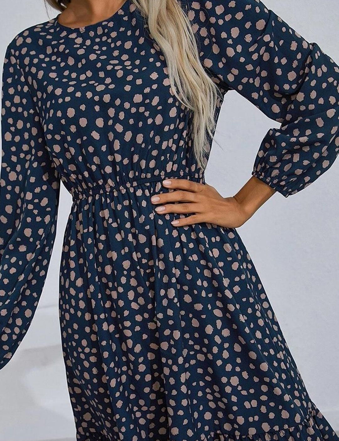 Kotty Polka Dots Printed Puff Sleeve Gathered or Pleated Crepe Fit & Flare Dress