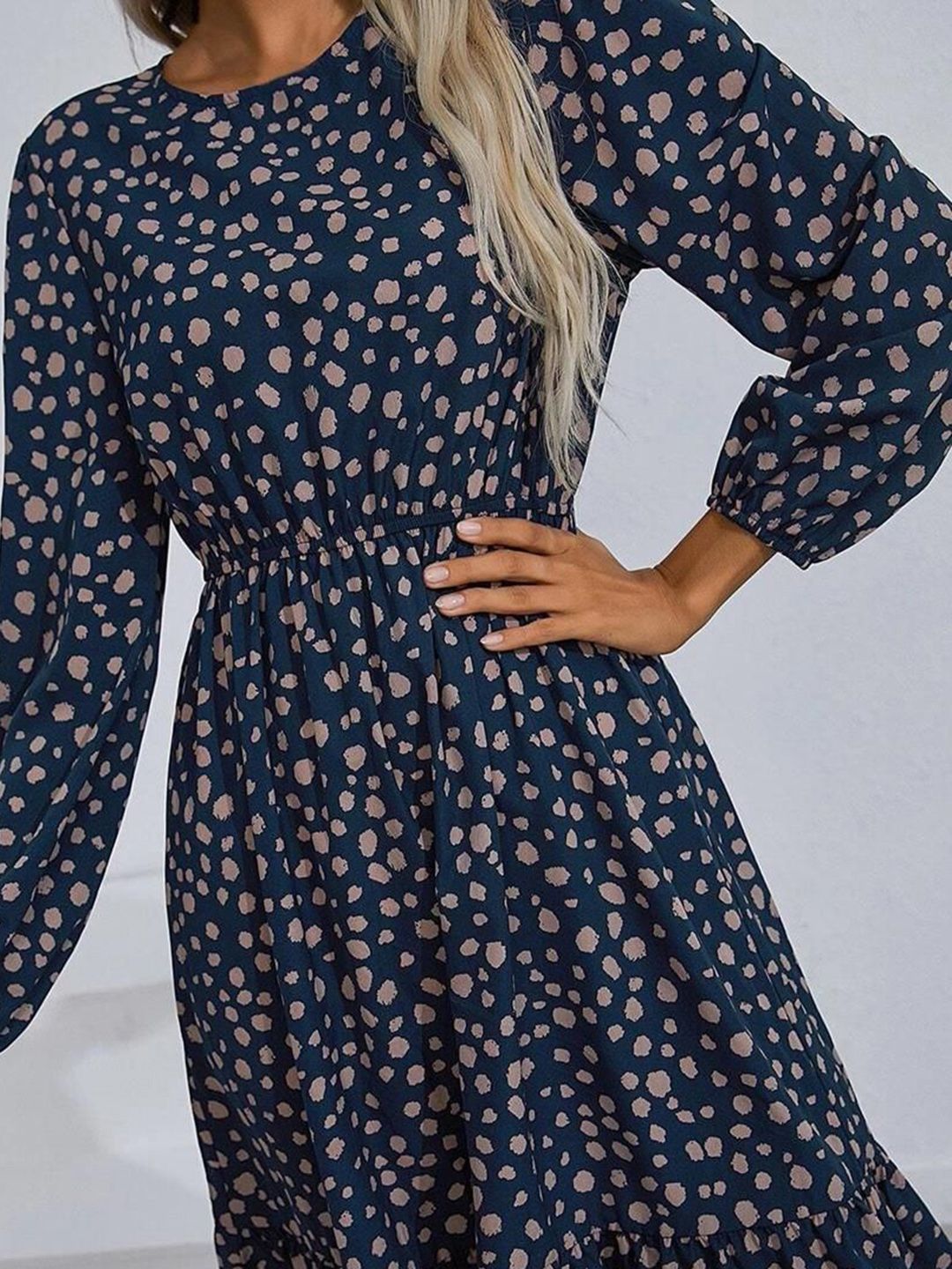 Kotty Polka Dots Printed Puff Sleeve Gathered or Pleated Crepe Fit & Flare Dress