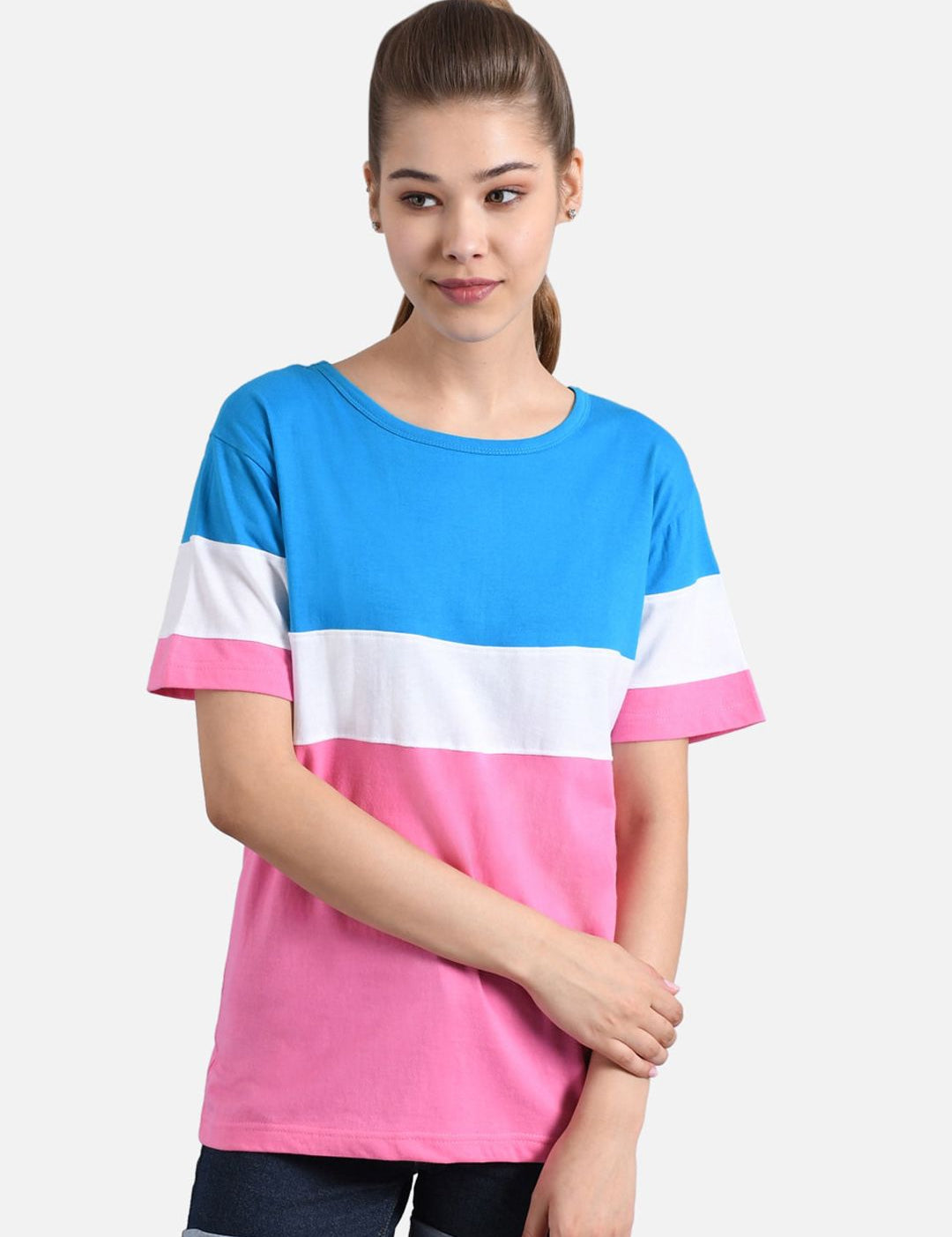 Kotty Women Pink & Turquoise Blue Colourblocked Round Neck T-shirt