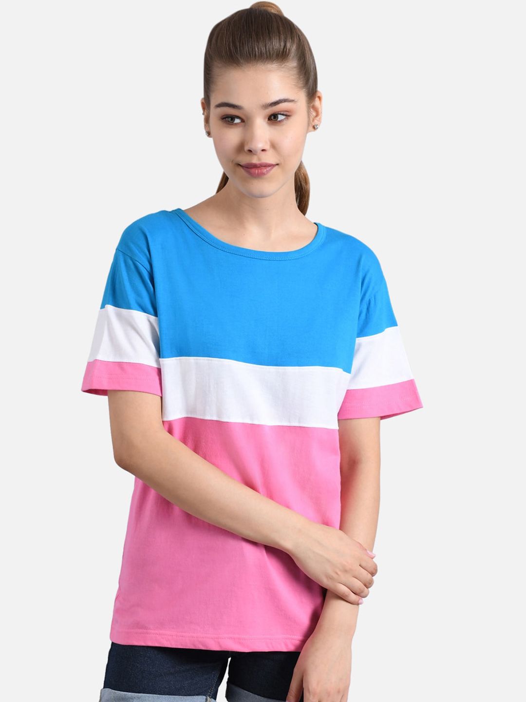 Kotty Women Pink & Turquoise Blue Colourblocked Round Neck T-shirt