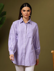 Kotty Women Oversized Fit Spread Collar Vertical Striped Cotton Casual Shirt